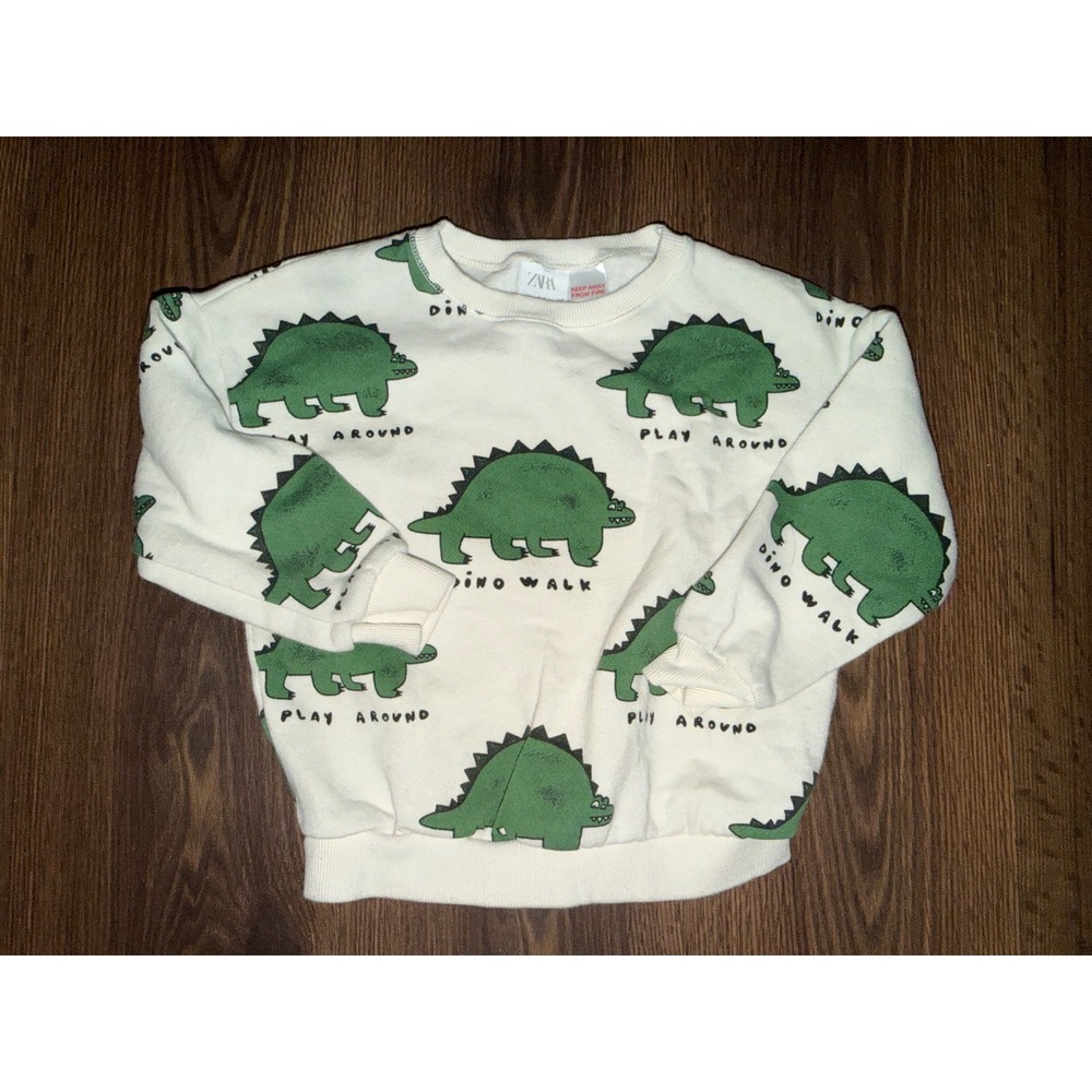 Zara Sweatshirt Kids 2-3 Cream Dinosaur Print Long Sleeve Pullover